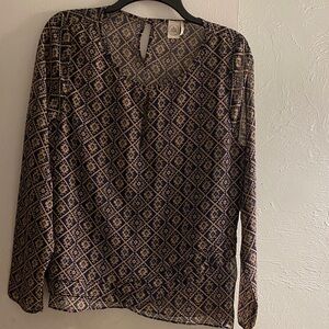 Joie Navy and Beige Diamond-Print Long Sleeve Blouse